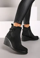 Botki damskie - Czarne Botki Sztyblety na Koturnie z Ozdobną Klamrą Erillia - miniaturka - grafika 1