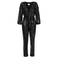 Kombinezony - Swing Fashion Elegancki kombinezon damski, odświętny kombinezon na imprezę, brokatowy kombinezon, kombinezon do zabawy, kombinezon z cekinami, dekolt w serek, długi rękaw, czarny, 40 (L) - miniaturka - grafika 1