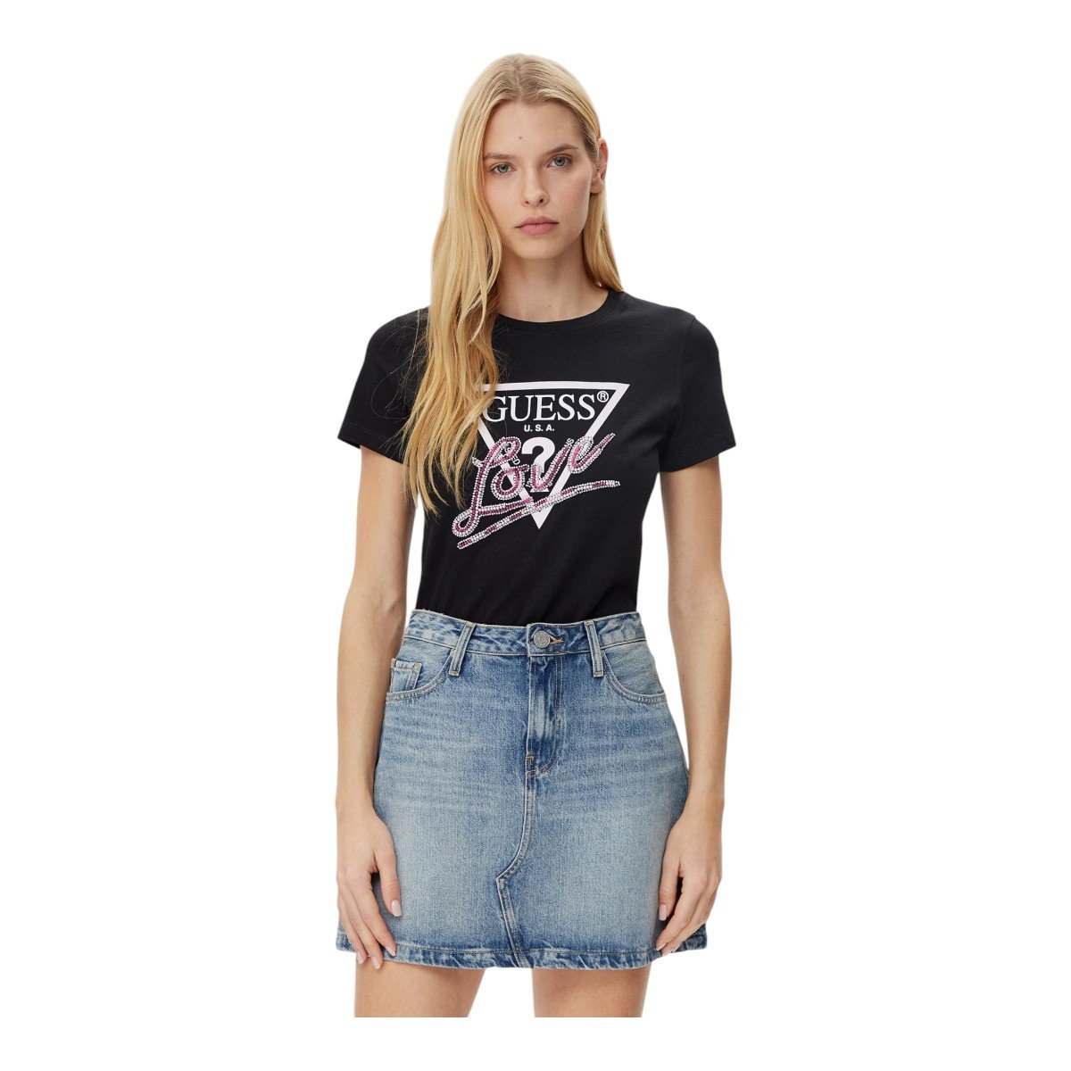 GUESS KOSZULKA DAMSKA T-SHIRT CN SS LOVE TRIANGLE CZARNA r.S