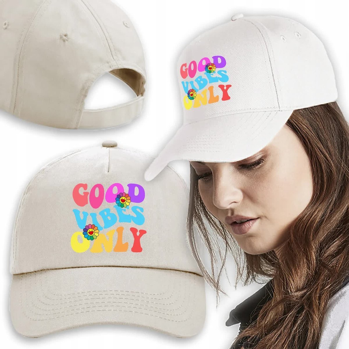 Czapka Beż Daszek Na Wiosnę GOOD VIBES ONLY Wzory