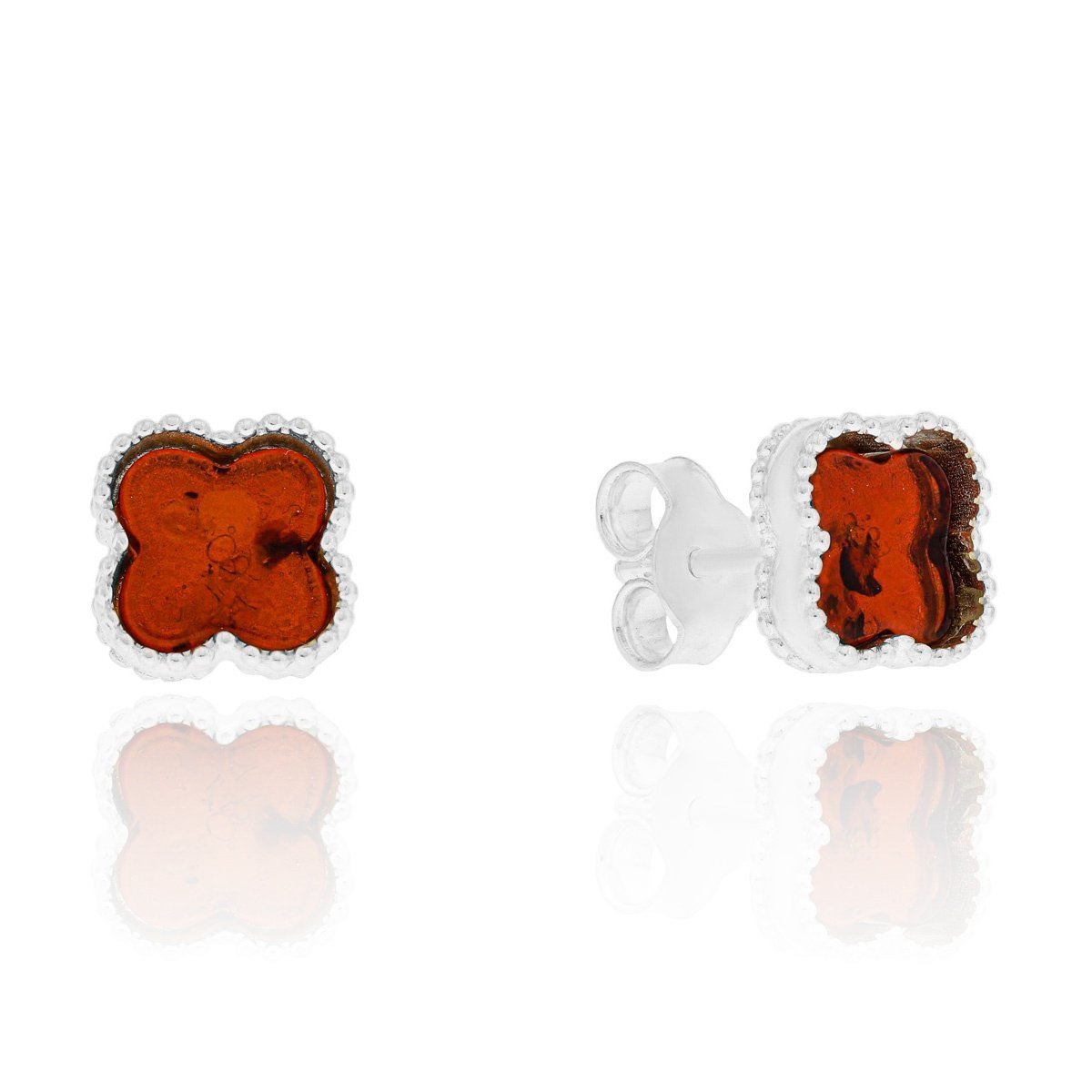 Srebrne kolczyki z bursztynem koniczynki, sztyfty pr. 925