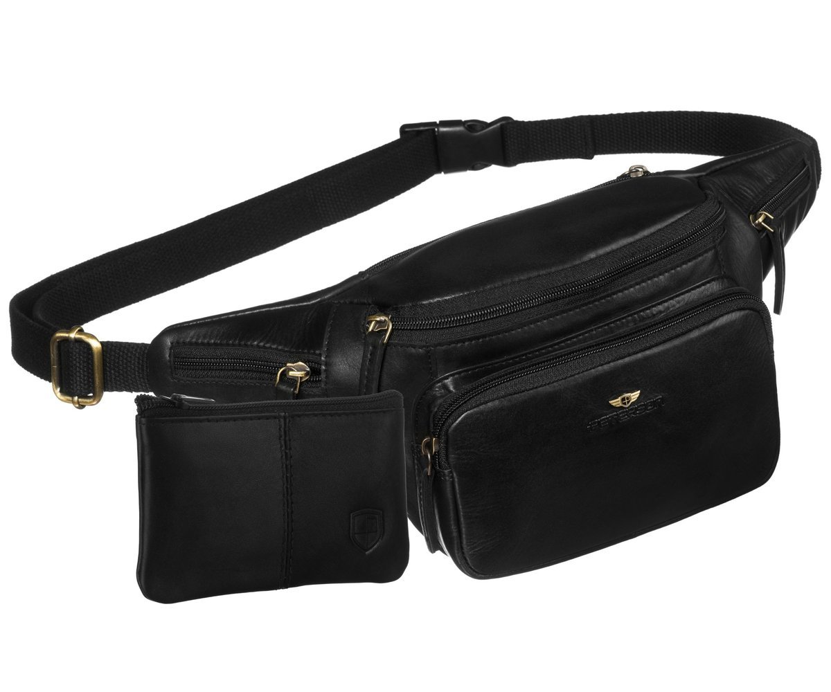 Nerka z regulowanym paskiem skórzana męska PETERSON miejska saszetka na biodra lub przez ramię elegancka czarna na suwak kieszonki + etui na klucze