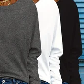 Bluzki damskie - TEMU 3 sztuki damskich bluzek z długim rękawem i okrągłym dekoltem - jednokolorowe, codzienne topy na jesień i zimę, miękkie i wygodne tkaniny, - miniaturka - grafika 1