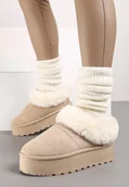 Śniegowce damskie - Beżowe Śniegowce na Platformie z Wywiniętym Futerkiem Tiriola - miniaturka - grafika 1