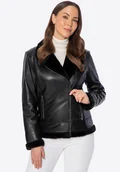 Kurtki damskie - Damska kurtka ze skóry naturalnej obszyta sztucznym futrem czarna - miniaturka - grafika 1