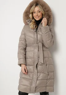 Beżowa Pikowana Kurtka o Długim Kroju z Odpinanym Kapturem z Futerkiem i Paskiem oleti - Kurtki damskie - miniaturka - grafika 1