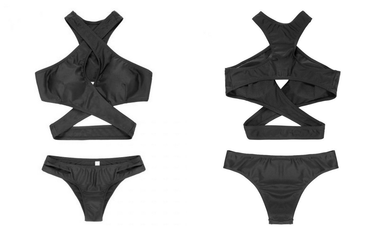 DAMSKI CZARNY STRÓJ KĄPIELOWY BIKINI Z OZDOBNYMI PASKAMI MODNY XL