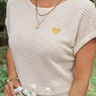 Bluzki damskie - TEMU Damski brązowy top z krótkim rękawem z złotym sercem - swobodna bluzka na wiosnę/leto, swobodna odzież| Tekstura| Top z krótkim rękawem - miniaturka - grafika 1