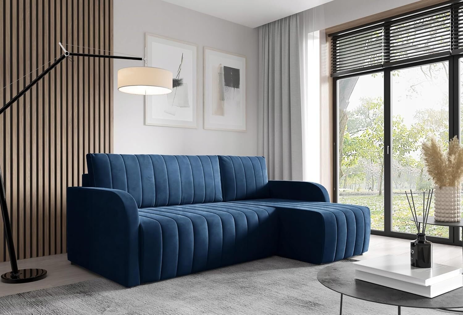 LIKMA Narożnik 224 cm Granatowy Rozkładany Otto Kształt L z Funkcją Spania (200x140 cm) i Pojemnikiem na Pościel Tapicerowana Sofa