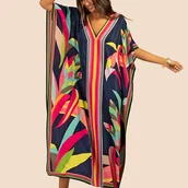 Inne - TEMU Plus rozmiar Casualowe okrycie, damskie Plus Colorblock z nadrukiem w liście, dekolt w kształcie litery V, rękaw nietoperz, rozcięcie, maxi, - miniaturka - grafika 1