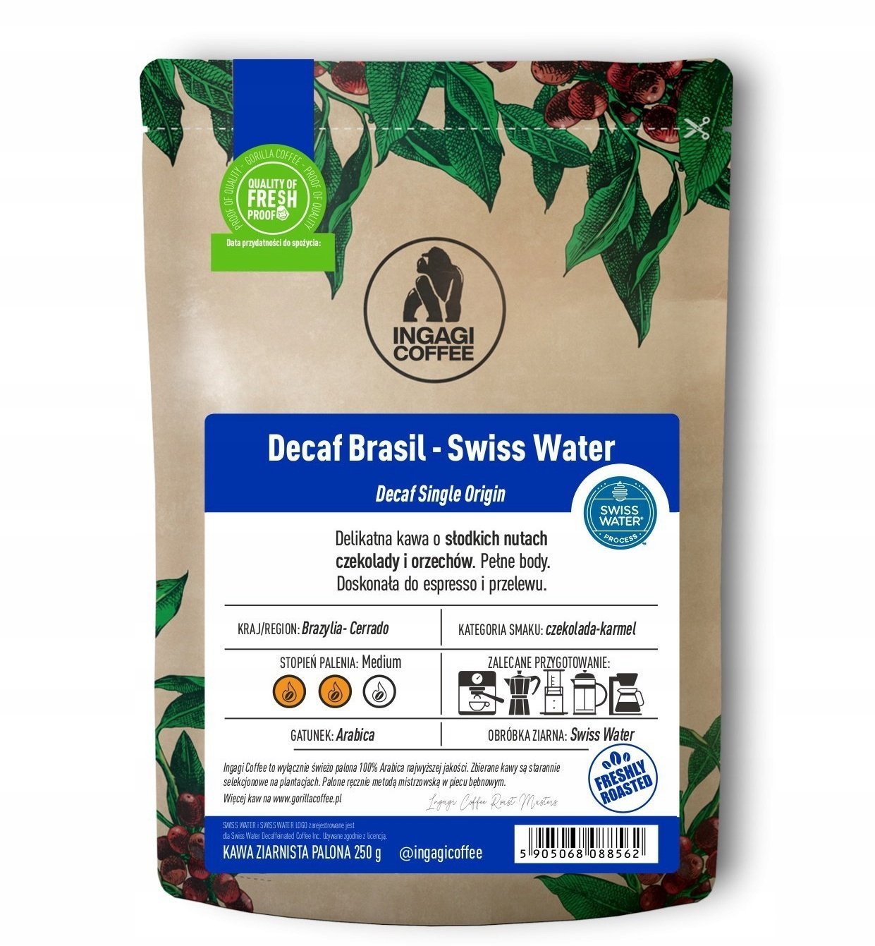 Kawa ziarnista Ingagi Kawa ziarnista Coffee Decaf Brasil Swiss Water 250g - KAWA BEZKOFEINOWA