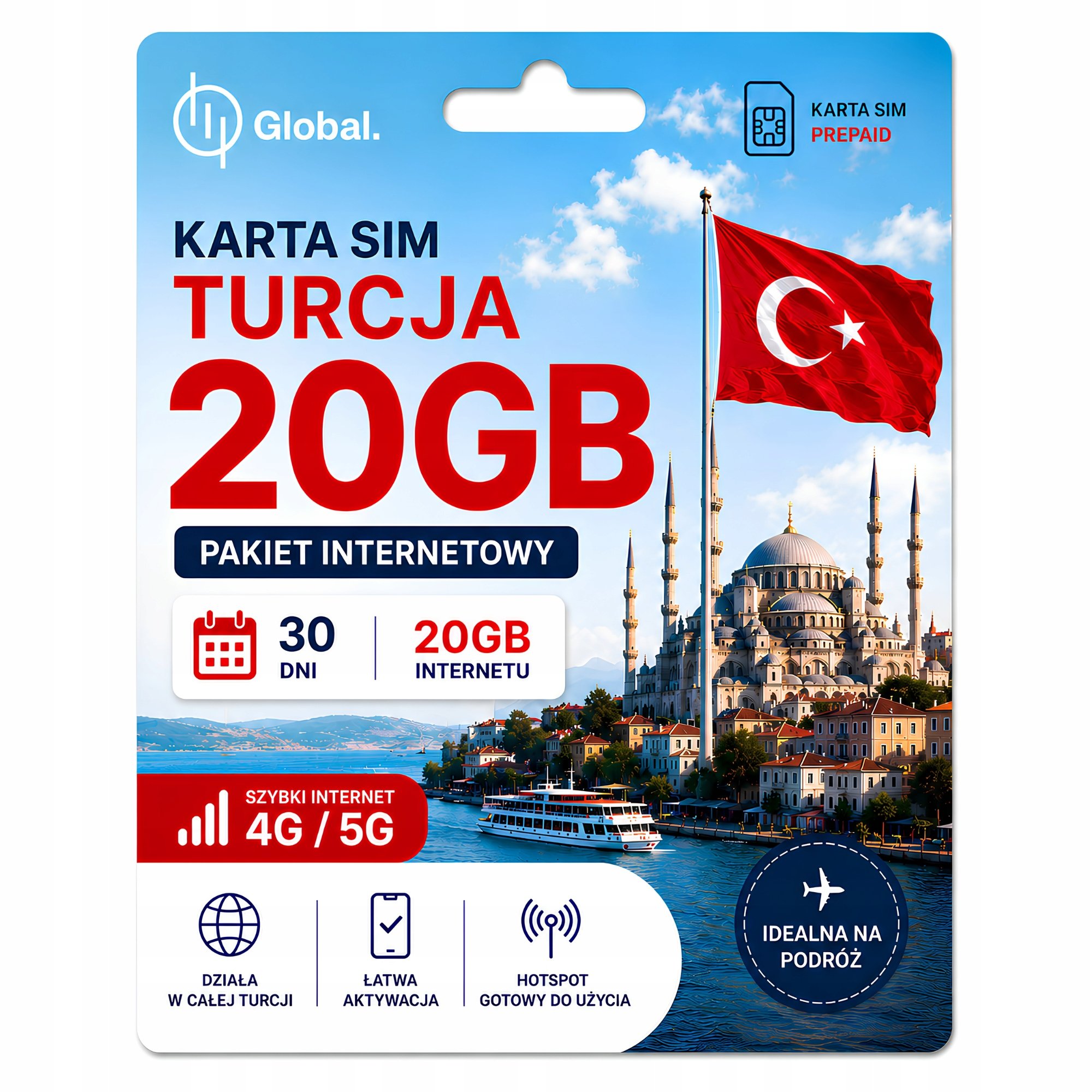 Internet Turcja 20GB na 30 dni Karta Sim 4G Lte 5G Bez Rejestracji Roaming