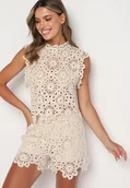 Komplety damskie - Beżowy 2-Częściowy Komplet Ażurowy Top ze Stójką Szorty z Gumką w Pasie Rivassea - miniaturka - grafika 1