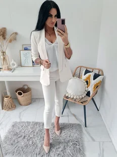 DAMSKI ELEGANCKI GARNITUR KOMPLET IVON MARYNARKA + CYGARETKI - JASNY BEŻ - MODA ITALIA - Marynarki i żakiety damskie - miniaturka - grafika 1