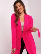 Swetry damskie - Kardigan fluo różowy casual dekolt w kształcie V rękaw długi pasek wiązanie - miniaturka - grafika 1