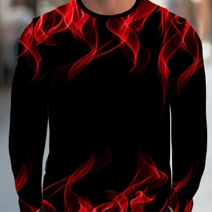 TEMU 1 szt. Męska Modna T-shirt z okrągłym dekoltem i długim rękawem, dzianina poliestrowa z lekkim rozciągnięciem, wzór płomienia, regularny krój na - Koszulki męskie - miniaturka - grafika 1