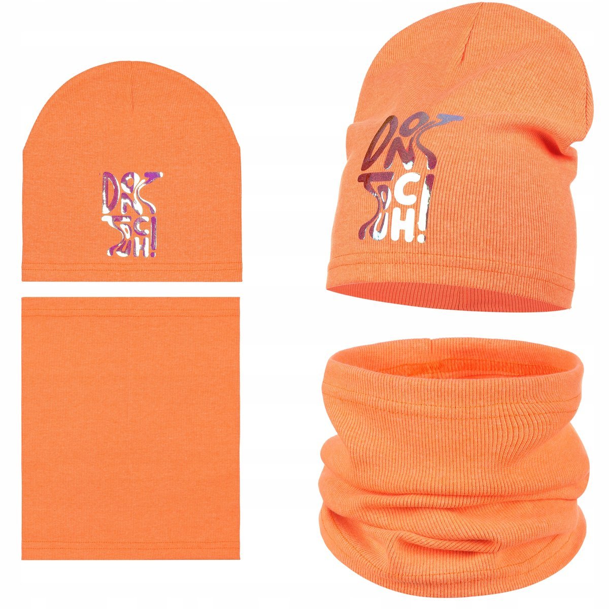 Czapka Komin Tuba Komplet Jesienny Błyszczący Napis 40/46 Pomarańczowy