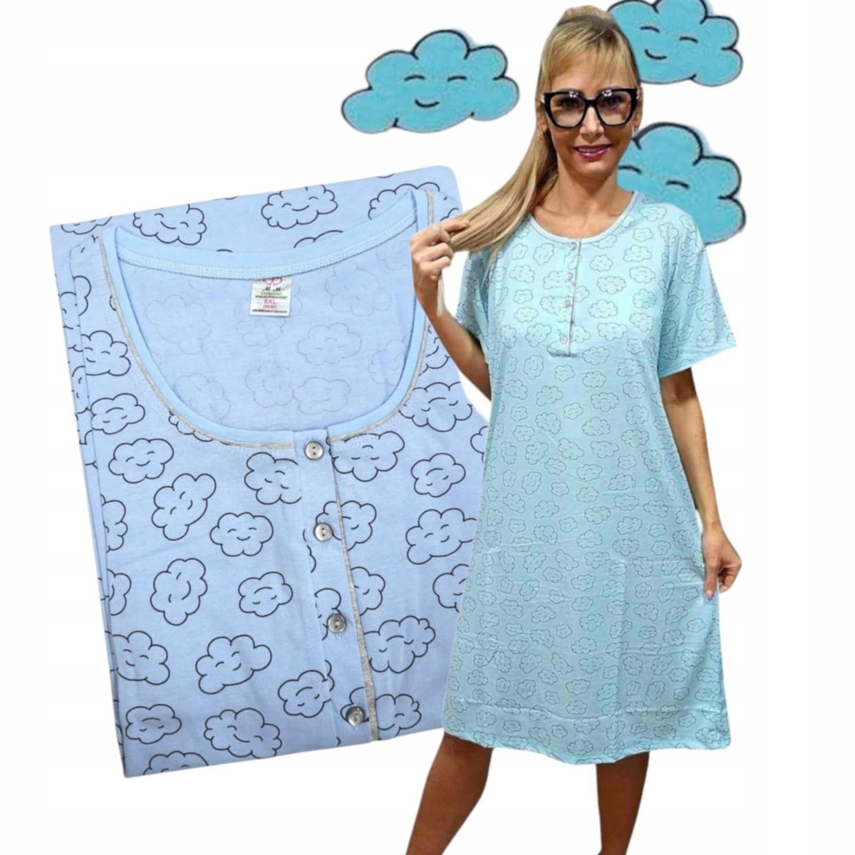 UROCZA KOSZULA NOCNA ROZPINANA Bawełna niebieska chmurka prezent 50 52 4xl