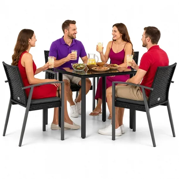 Zestaw mebli ogrodowych czarny rattan PE, stół 80x80x74 cm, krzesła 56,5