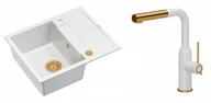 Zlewozmywaki z baterią - Quadron Unique Zlewozmywak granitowy jednokomorowy 62*50*22 cm z ociekaczem MORGAN 116 SNOW WHITE z syfonem Push-2-Open w kolorze złotym z baterią ANGELINA Q LINE SNOW WHITE z wyciąganą wylewką kolor biały mat/wykończenie złote - miniaturka - grafika 1