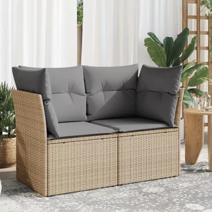 vidaXL Sofa ogrodowa z poduszkami, 2-osobowa, beżowa, polirattan - Sofy ogrodowe - miniaturka - grafika 1