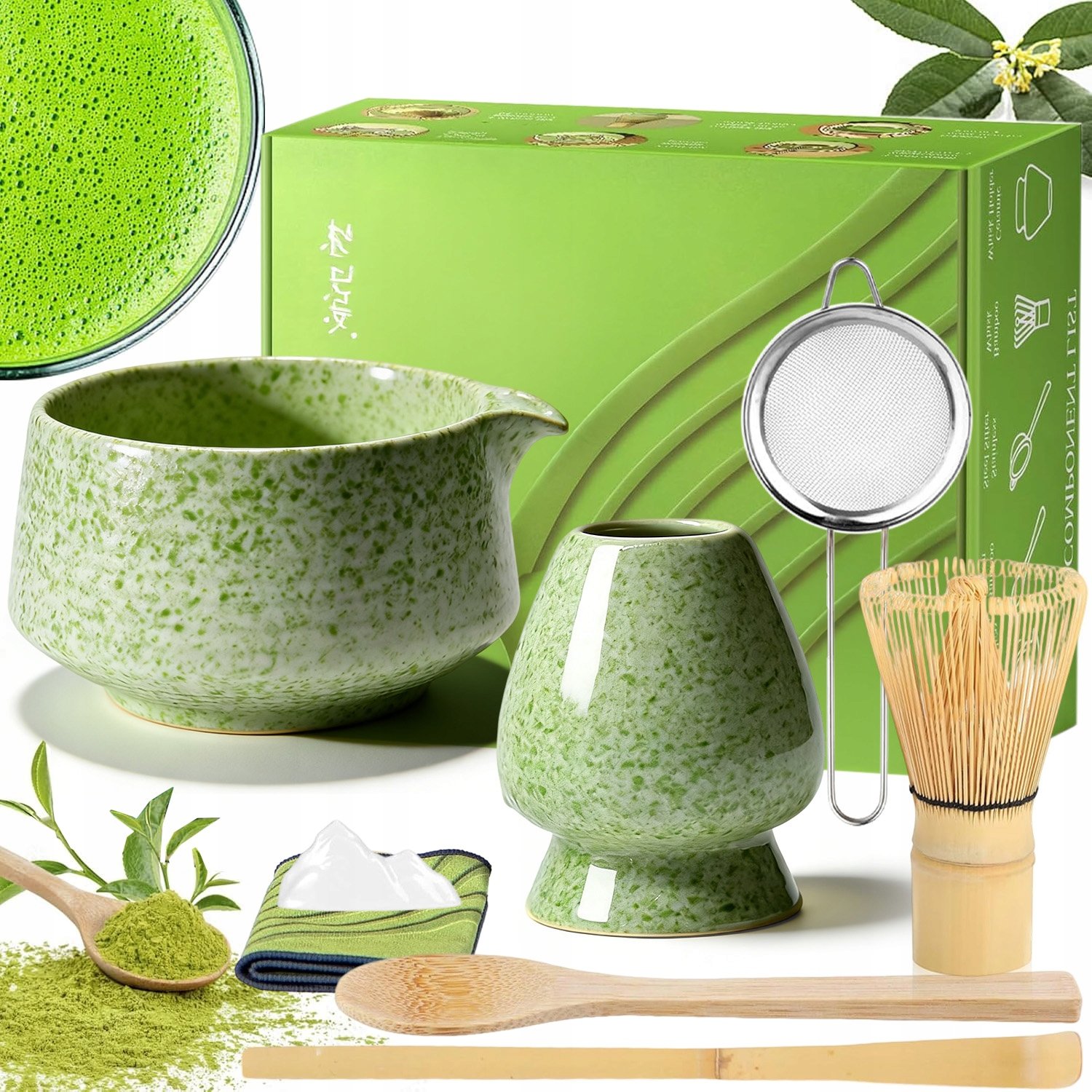 Zestaw Prezentowy Do Herbaty Matcha 8-CZĘŚCIOWY Zestaw Podstawka Łyżeczka