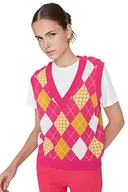 Kamizelki damskie - TRENDYOL Damska kamizelka z dekoltem w serek, wzór w romby, regularna, dzianinowa, sweter, różowa, L, Rosa, L - miniaturka - grafika 1