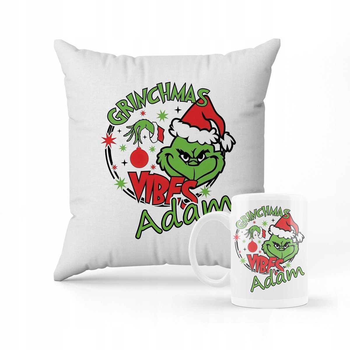 ZESTAW PODUSZKA + KUBEK Grinch prezent na święta + IMIĘ 3