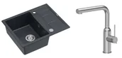 Zlewozmywaki z baterią - Quadron Unique Zlewozmywak granitowy jednokomorowy 62*50*22 cm z ociekaczem MORGAN 116 BLACK DIAMOND z syfonem Push-2-Open w kolorze stalowym z baterią ANGELINA Q LINE z wyciąganą wylewką kolor stal szczotkowana - miniaturka - grafika 1