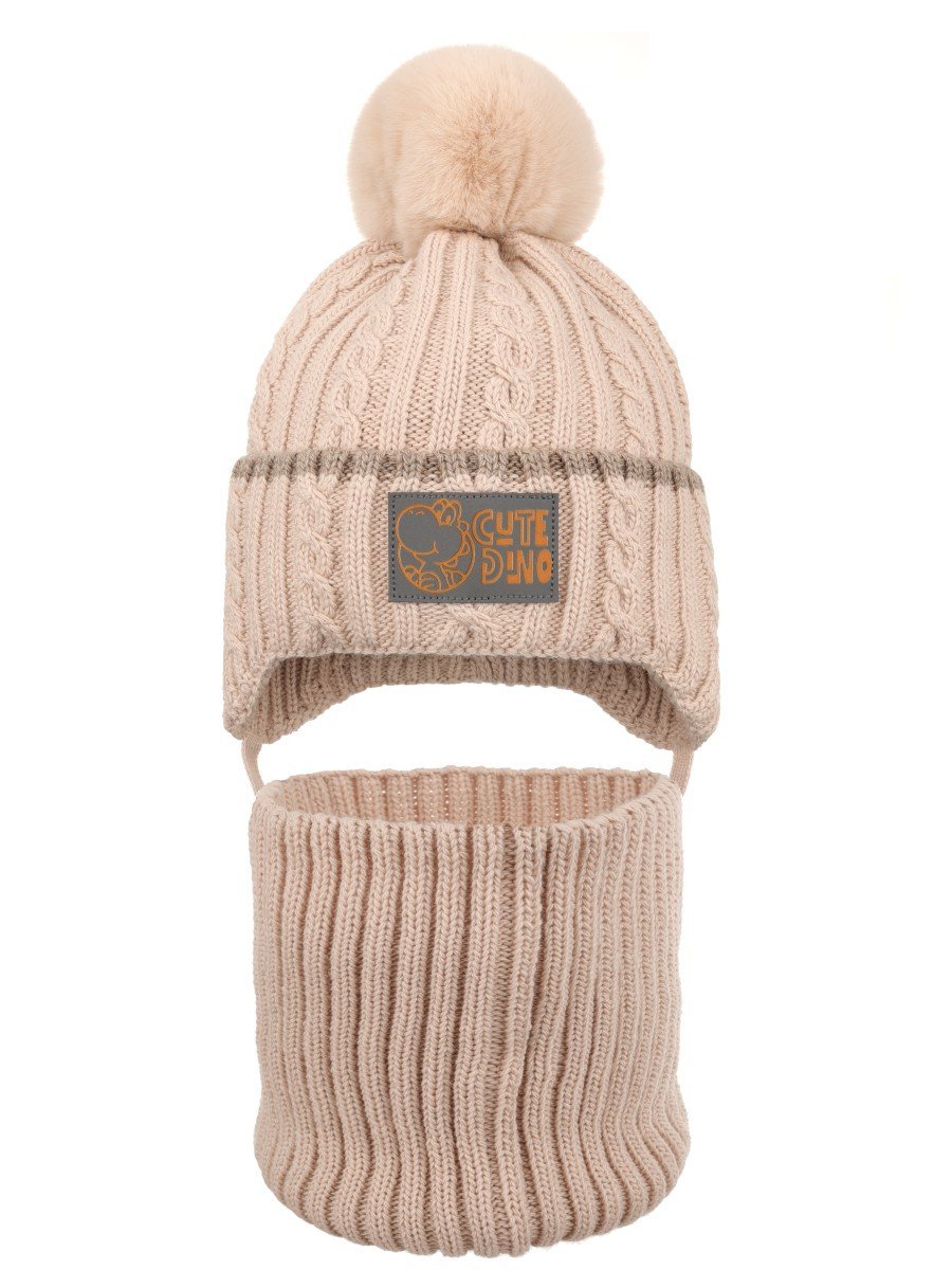 Chłopięcy komplet zimowy czapka i komin dino beżowy Ambra Biz r.46/48