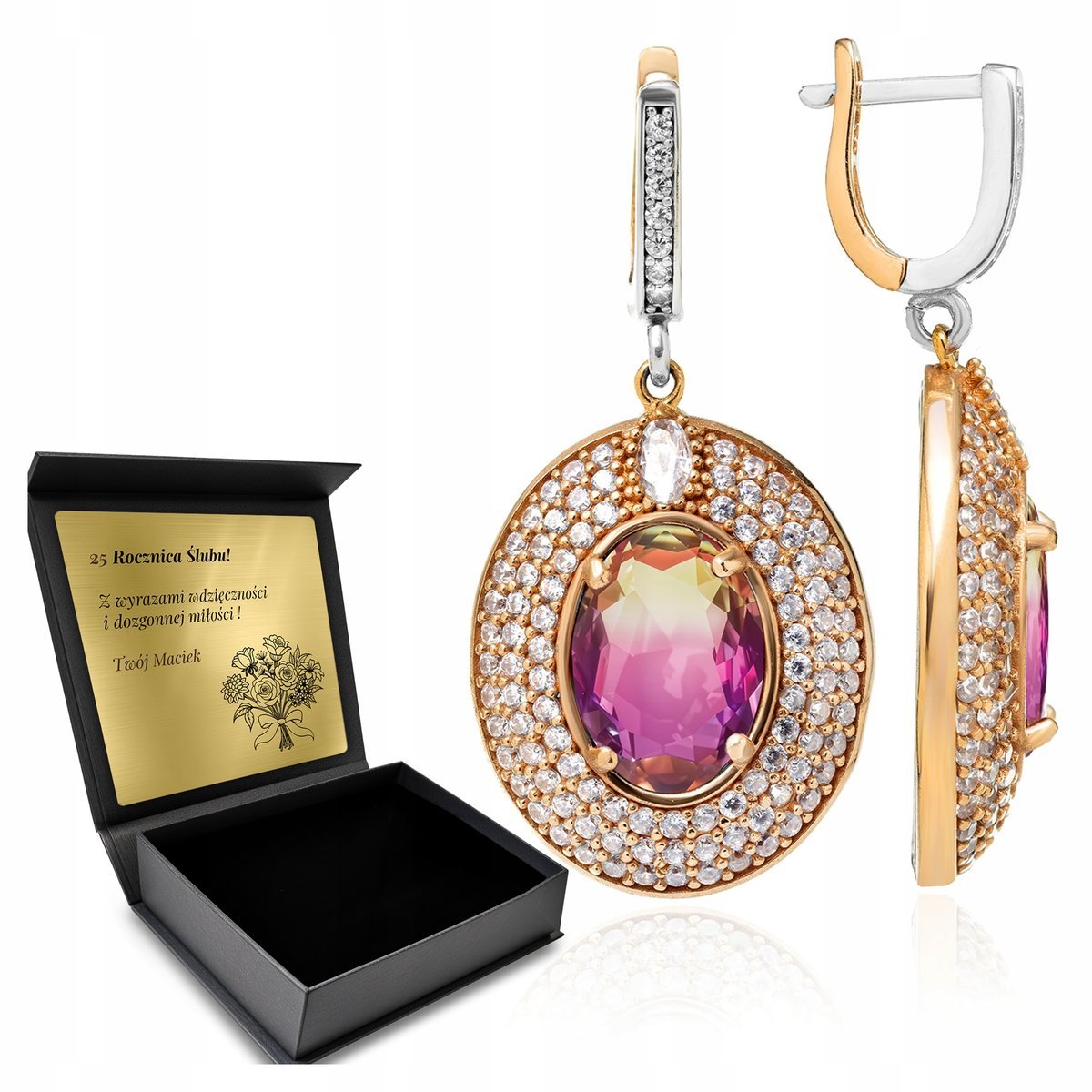 Kolczyki Srebrne 925 Cyrkonie I Ametryn Biżuteria Dla Kobiety + Grawer