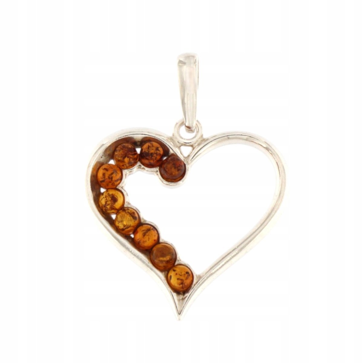 Srebrny wisiorek serce 925 - bursztynowa zawieszka z 9 oczkami koniakowa