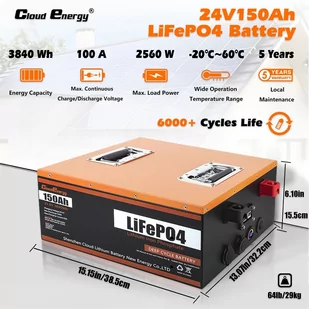Cloudenergy 24V 150Ah LiFePO4 Battery Pack Backup Power, 3840Wh Energy, 6000  Cycles, Built-in 100A BMS - Baterie do zasilaczy awaryjnych UPS - miniaturka - grafika 2