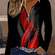 Bluzki damskie - TEMU Elegancki top damski z długim rękawem i nadrukiem ognia - czarny z czerwonym i białym wzorem wirującym, okrągły dekolt, odzież codzienna na - miniaturka - grafika 1