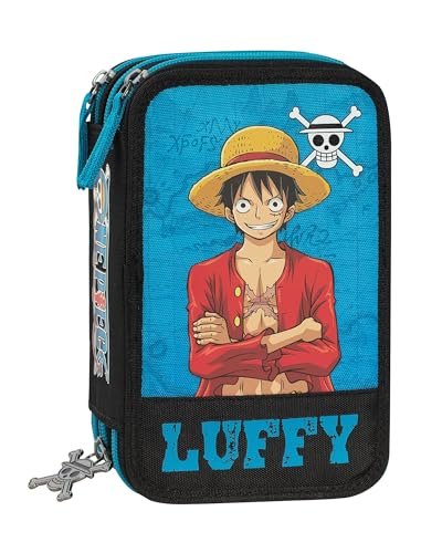 Franco Cosimo Panini ONE PIECE - Oficjalny jednoczęściowy piórnik szkolny, 3 przegródki dla dzieci i dziewcząt z zestawem na artykuły pa, niebieski długopis Frixion i praktycznym zamkiem