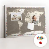 Tablice i flipcharty - Szkolna Tablica korkowa 60x40 cm, Kolorowe Pinezki, wzór Brązowa mapa świata - miniaturka - grafika 1