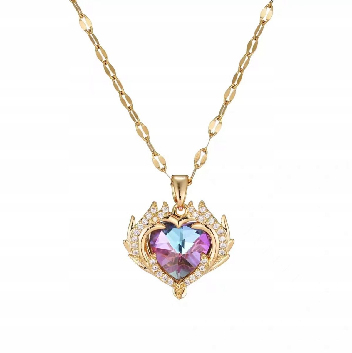 Złoty Naszyjnik Serce Aurora Crystal Mystic Heart Cyrkonie Stal Szlachetna