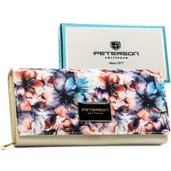 Portfele - Kolorowy duży poziomy portfel damski na zatrzask PETERSON skóra naturalna i ekologiczna rozbudowany na karty gotówkę dokumenty motyw kwiatowy ochron.. - miniaturka - grafika 1