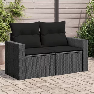 vidaXL Sofa ogrodowa z poduszkami, 2-osobowa, czarna, polirattan - Sofy ogrodowe - miniaturka - grafika 1