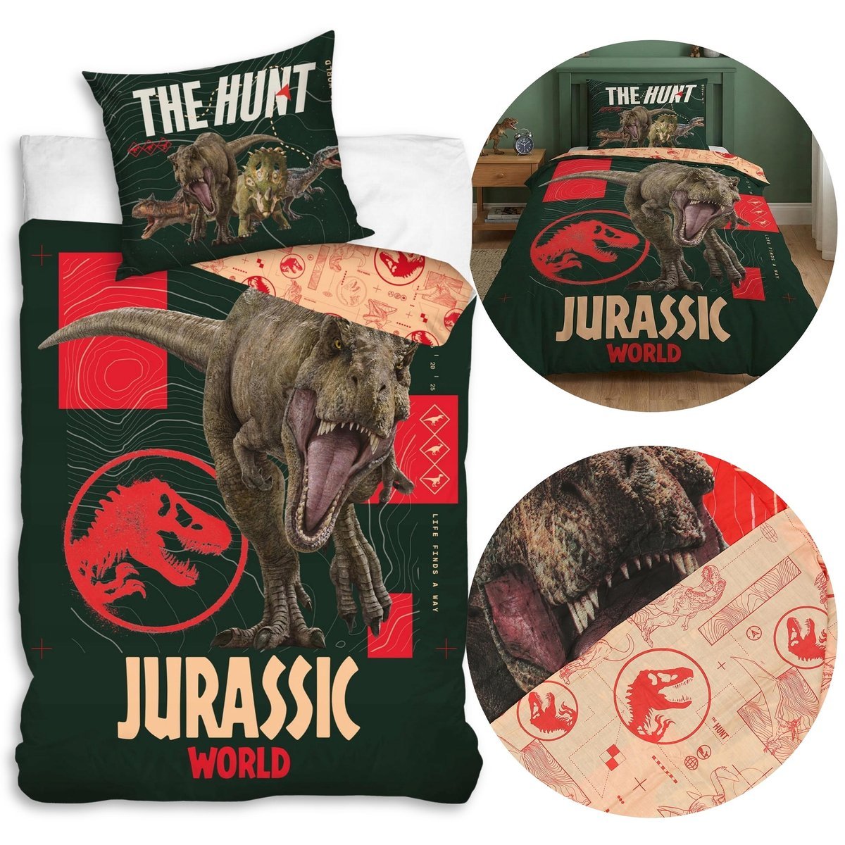 Jurassic World DWUSTRONNA, bawełniana pościel dziecięca na zamek, 100% BAWEŁNA 140x200cm+70x90cm OEKO-TEX