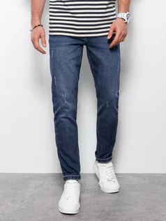 Spodnie męskie - Spodnie męskie jeansowe z przetarciami REGULAR FIT - ciemnoniebieskie V4 OM-PADP-0102 - grafika 1