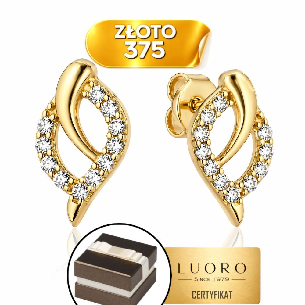 KOLCZYKI ZŁOTE 375 ŻÓŁTE CYRKONIA LISTEK SZTYFT 1 CM ELEGANCKIE PREZENT