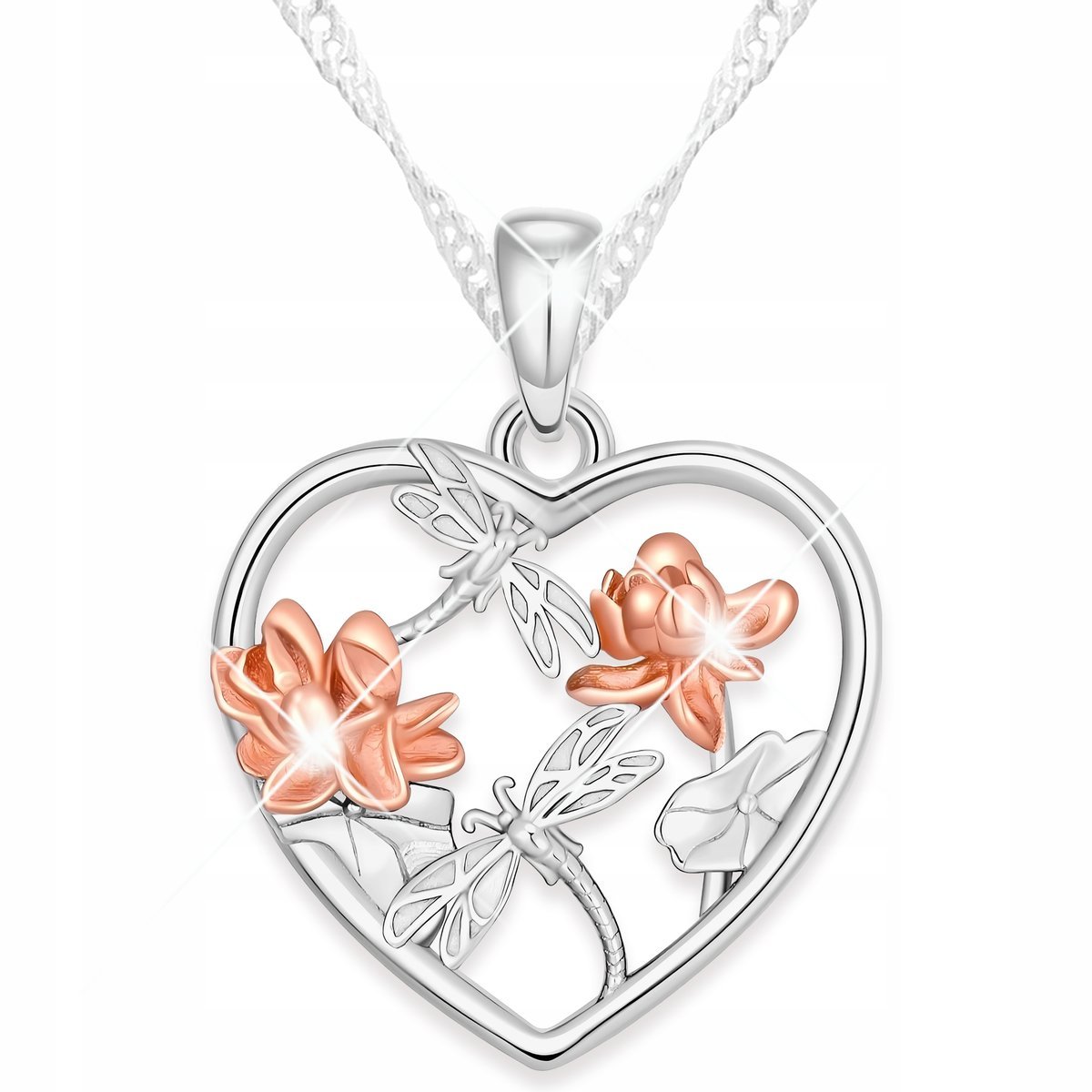 Naszyjnik Srebrny Serce z Łąką Dwie Ważki Serduszko z Kwiatami SREBRO 925