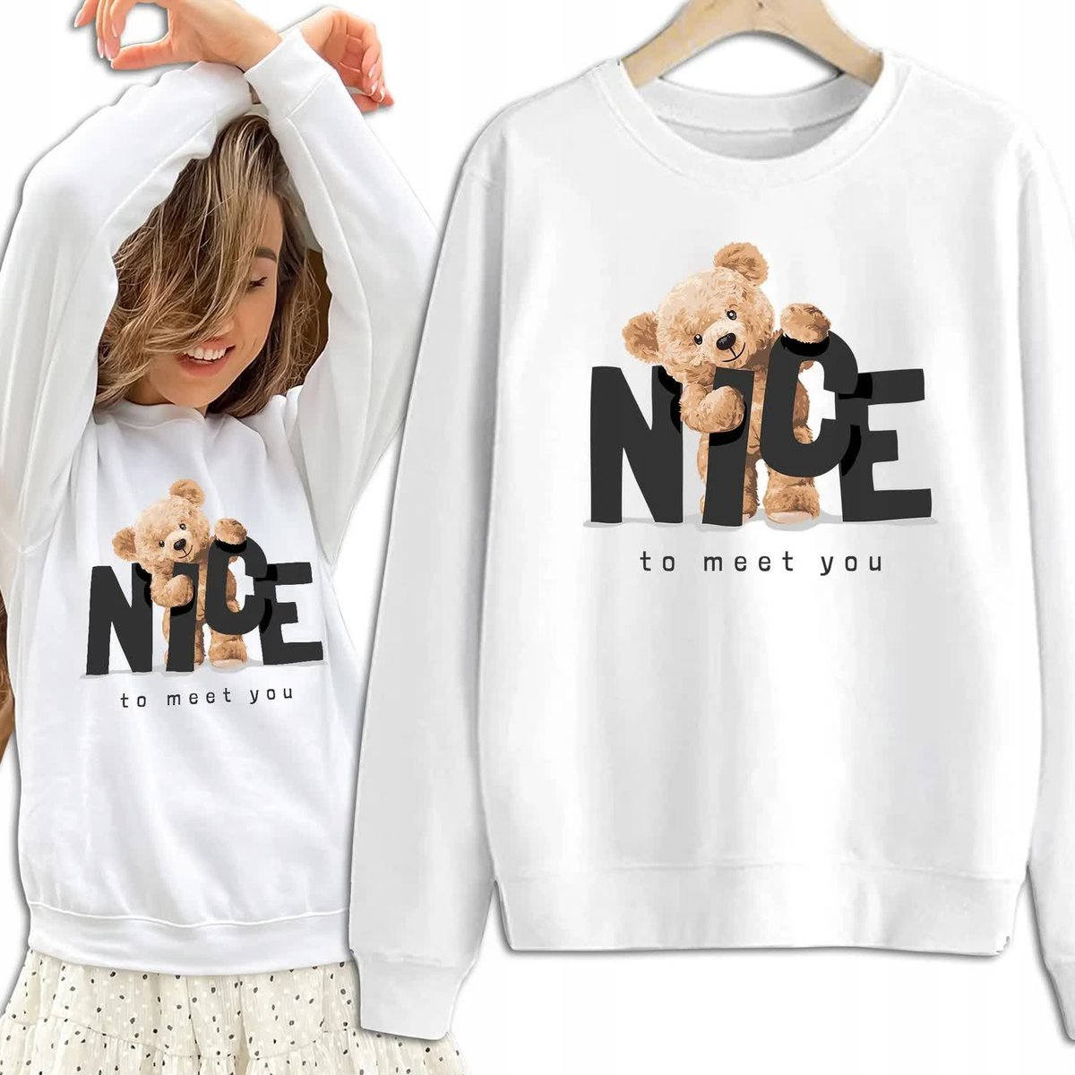 Bluza Damska Biała Dresowa NICE TO MEET YOU Kobiece Dziewczęce Wzory - S