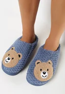 Kapcie damskie - Granatowe Kapcie z Miękkiego Futerka Ozdobione Misiem Geraja - miniaturka - grafika 1