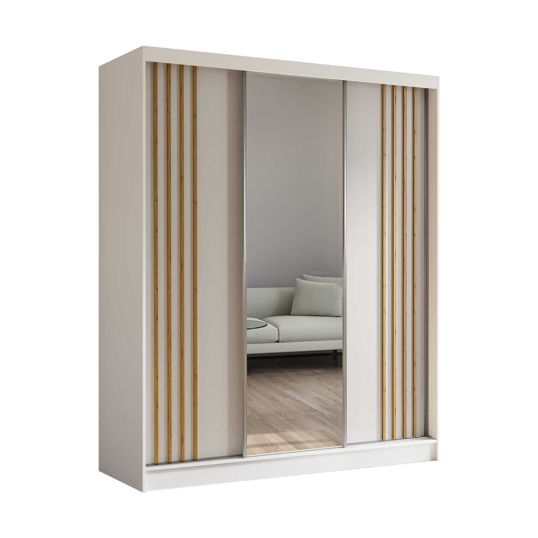 Szafa z drzwiami przesuwnymi AGMAT Lugo, Szafa z 3 drzwiami i lustrem oraz 2 szufladami, Nowoczesna szafa w kolorze: Biały / Biały, Szafa w rozmiarze: 180 x 216 x 61 cm