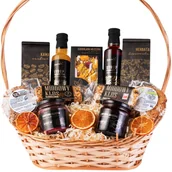 Zestawy upominkowe - Wiklinowy kosz prezentowy zestaw na prezent herbata kawa syropy czekolada konfitury - miniaturka - grafika 1