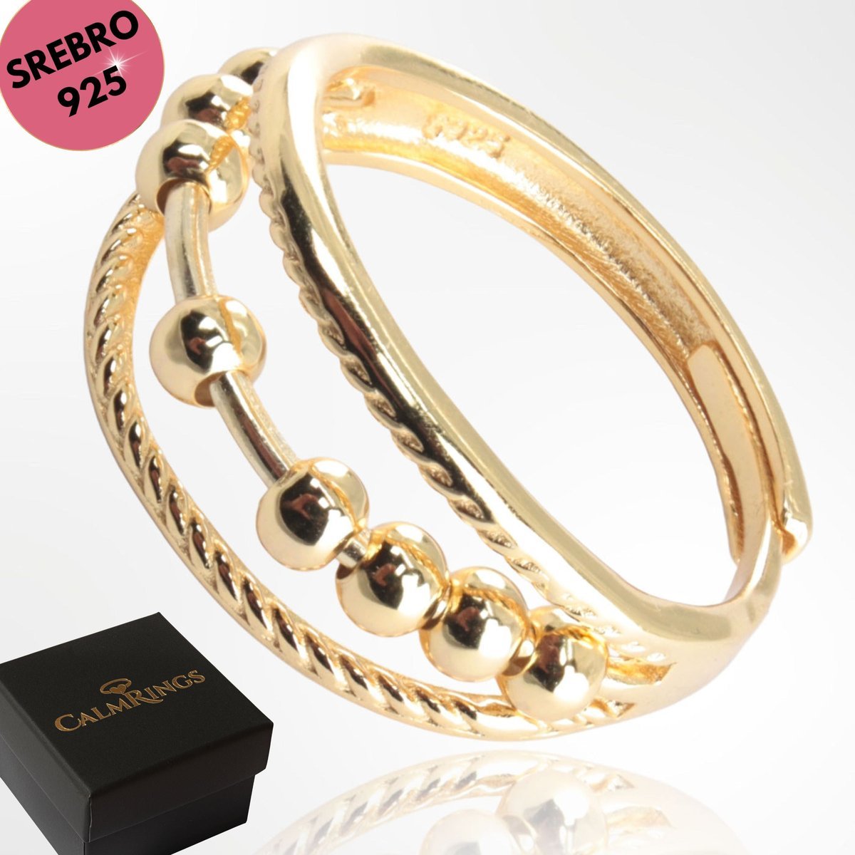 Pozłacany stylowy pierścionek SREBRO 925 z ruchomymi kulkami, antystresowy adhd, regulowany [Regulowany]