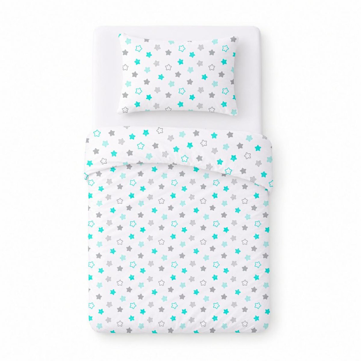 Pościel bawełniana dziecięca 100x135 biała w szare i miętowe gwiazdki, dziecięcy nowoczesny - COTTON HOME KIDS