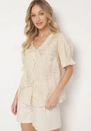 Koszule damskie - Jasnobeżowa Bawełniana Koszula Zapinana na Guziki z Haftem i Przeszyciami Ozdobną Nicią Varavia - miniaturka - grafika 1